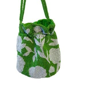 Kate Spade New York Purse Bucket Bag Beaded Floral Green Drawstring Handbag